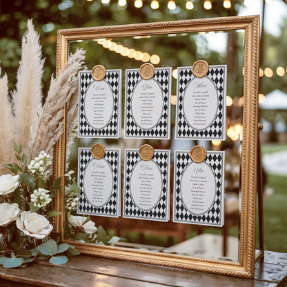 Black Harlequin Pattern Seating Chart Poster Template, Checkered Old Money Luxury Night Before Bridal Shower, Timeless Wedding Decor WP1097