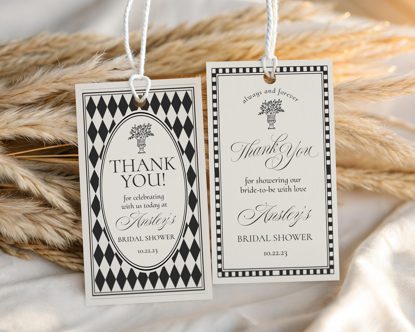 Black Harlequin Pattern Bridal Shower Favor Tags Template, Checkered Old Money Luxury Bridal Brunch WP1097