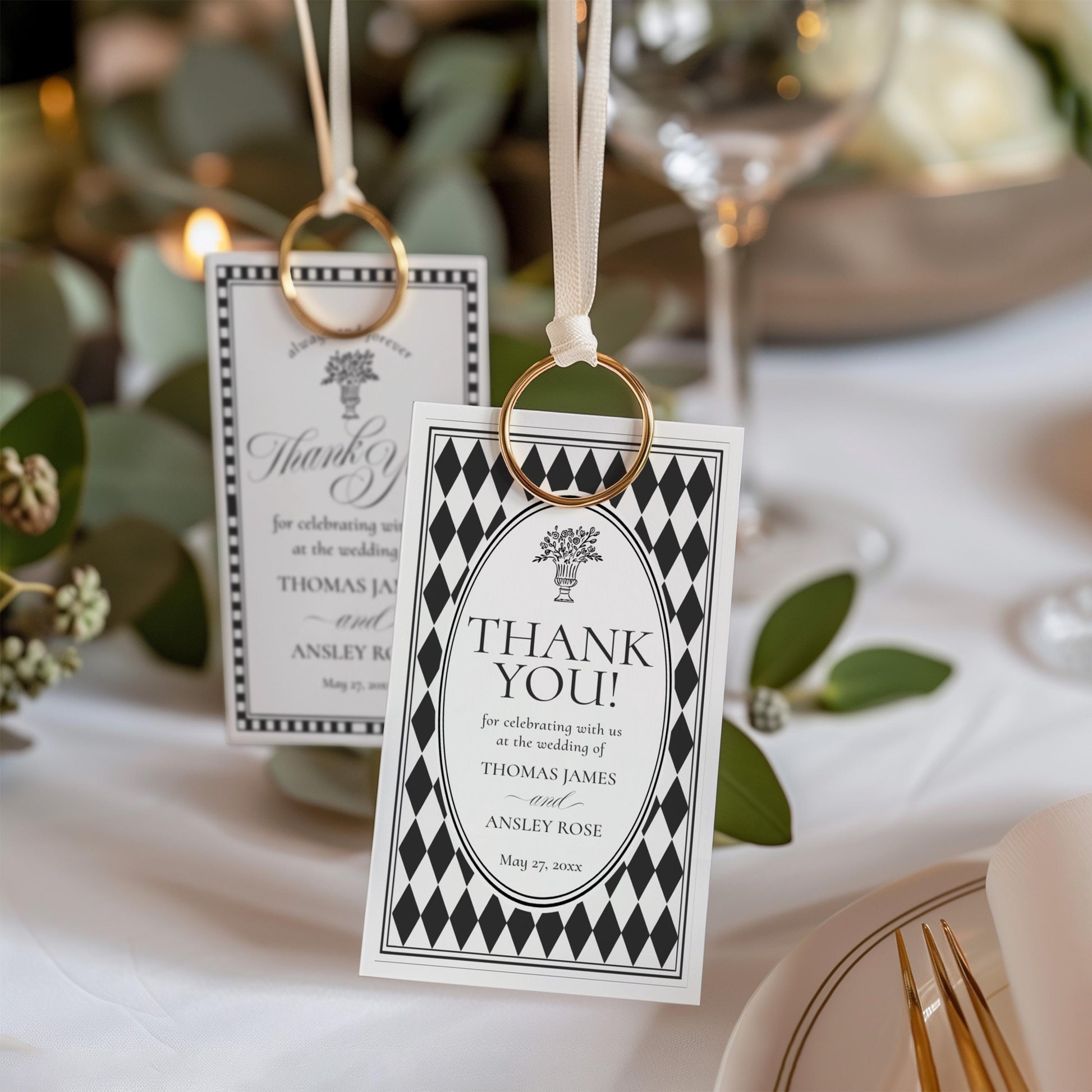 Black Harlequin Pattern Wedding Favor Tags Template, Checkered Old Money Luxury Ceremony Black and White Wedding Reception WP1097
