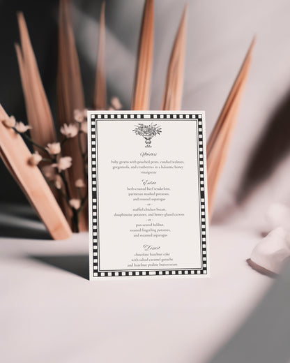 Black Harlequin Pattern Menu Template, Old Money Bridal Shower, Checkered Old Money Night Before Bridal Shower Timeless Wedding Decor WP1097