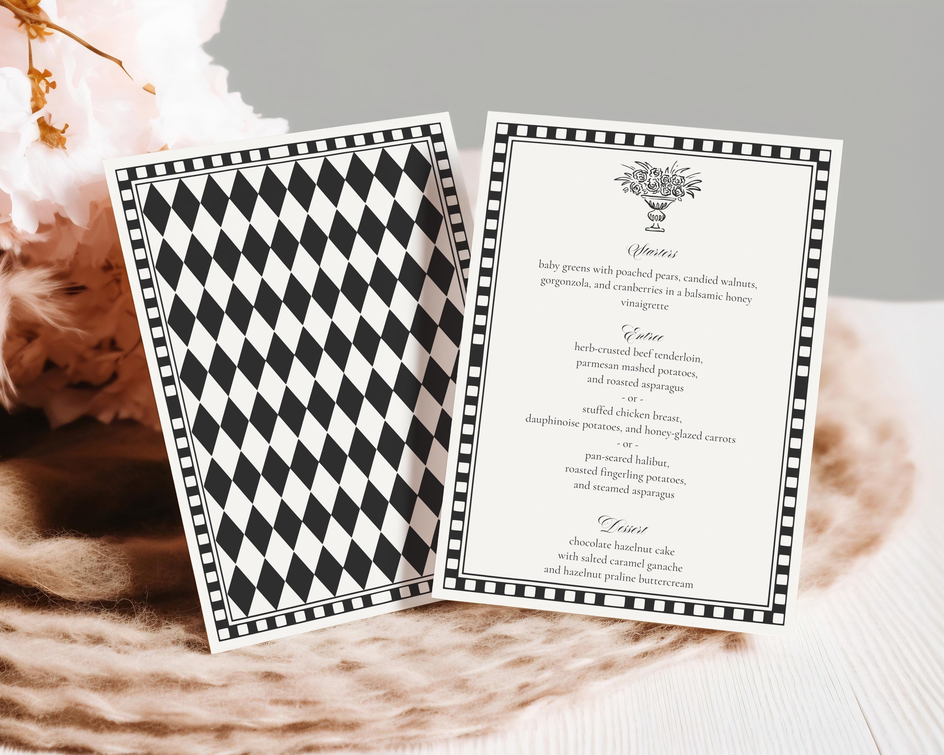Black Harlequin Pattern Menu Template, Old Money Bridal Shower, Checkered Old Money Night Before Bridal Shower Timeless Wedding Decor WP1097