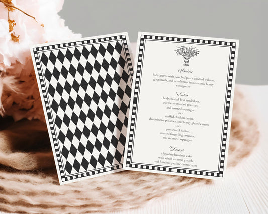 Black Harlequin Pattern Menu Template, Old Money Bridal Shower, Checkered Old Money Night Before Bridal Shower Timeless Wedding Decor WP1097