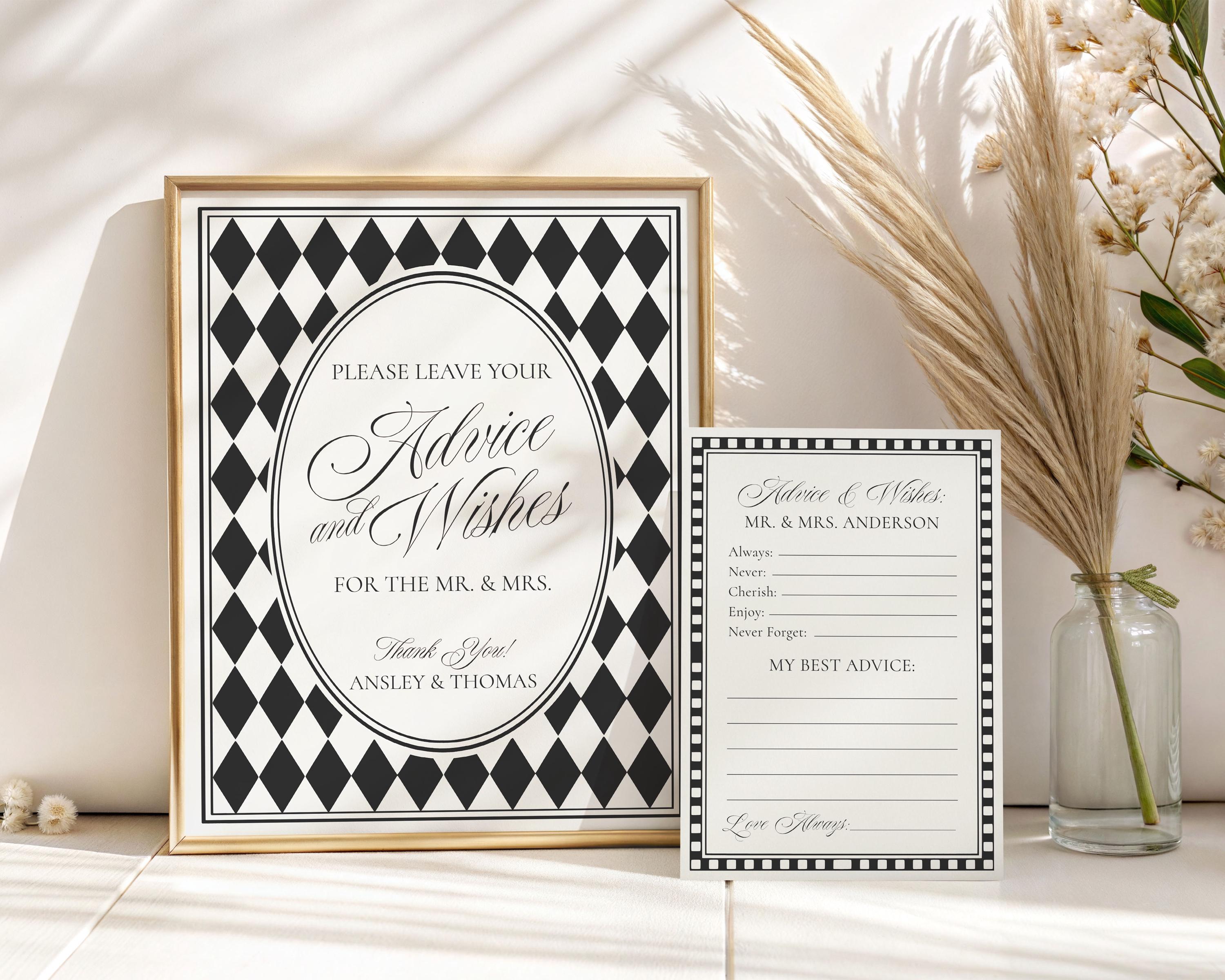 Black Harlequin Pattern Advice for Mr & Mrs Cards Template, Checkered Old Money Night Before Bridal Shower, Timeless Wedding Decor WP1097