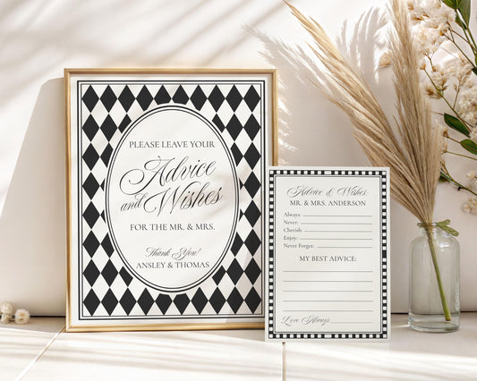 Black Harlequin Pattern Advice for Mr & Mrs Cards Template, Checkered Old Money Night Before Bridal Shower, Timeless Wedding Decor WP1097