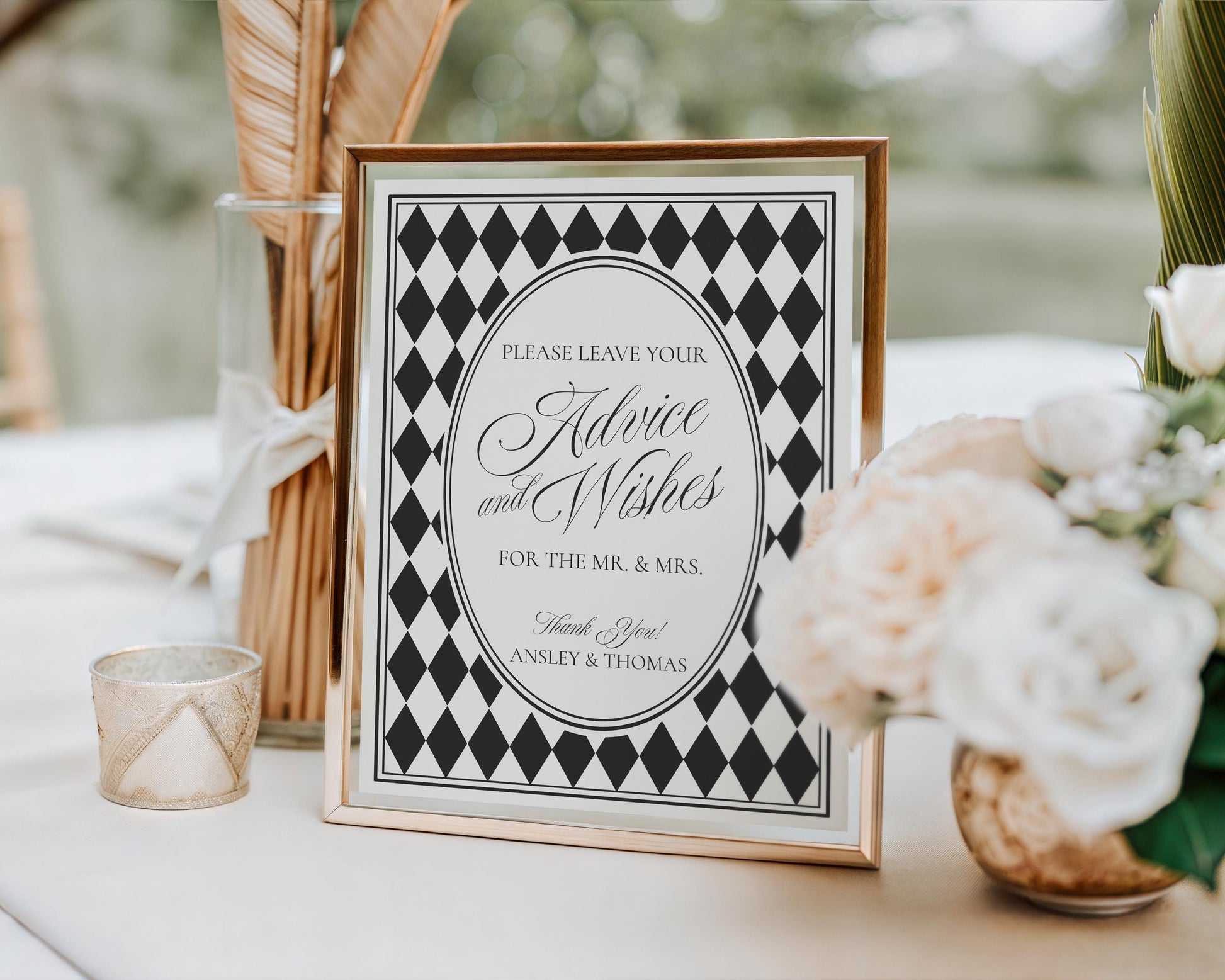 Black Harlequin Pattern Advice for Mr & Mrs Cards Template, Checkered Old Money Night Before Bridal Shower, Timeless Wedding Decor WP1097