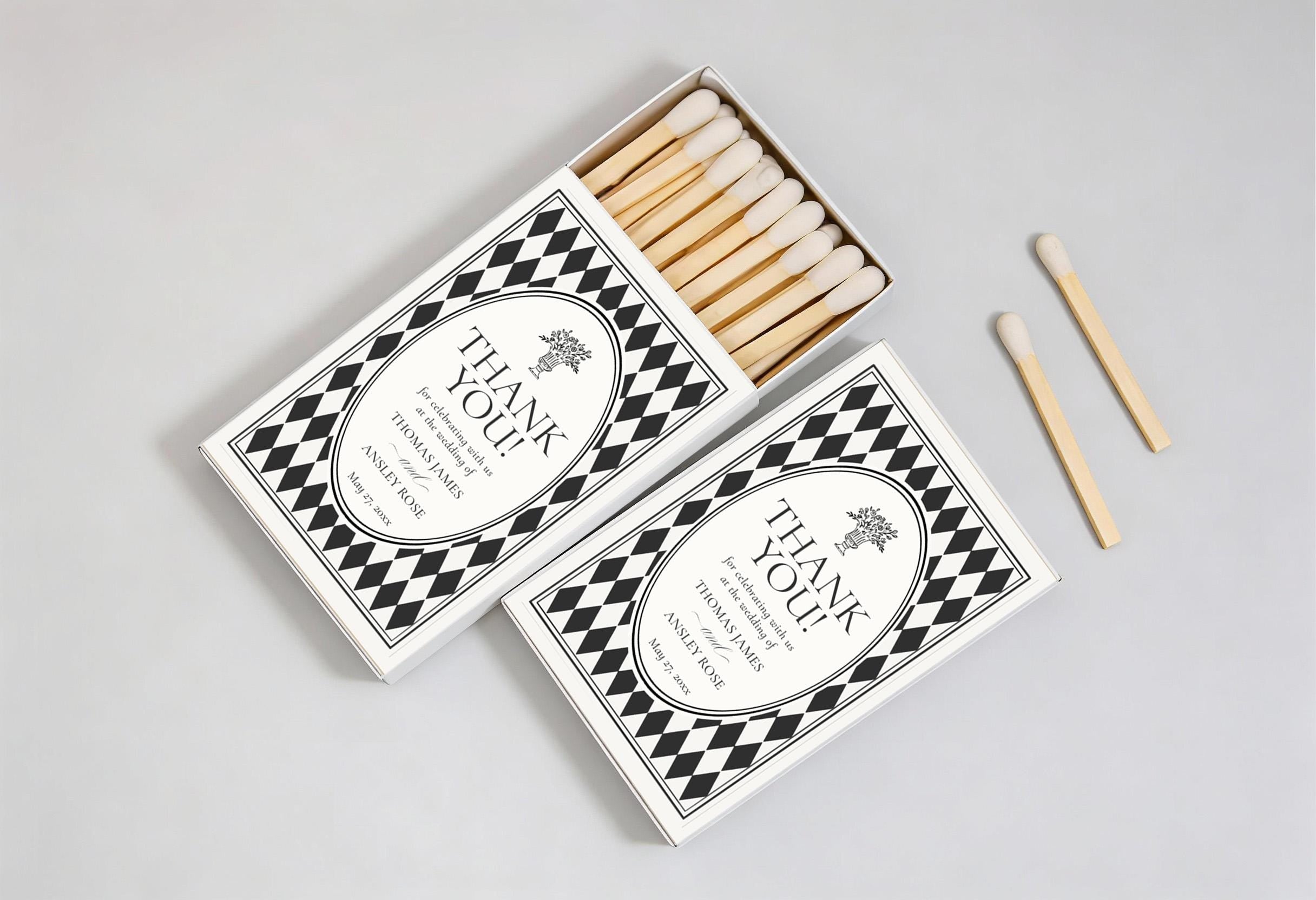 Black Harlequin Pattern Matchbox Cover Template, Old Money Bridal Shower, Checkered Old Money Black and White Wedding Reception WP1097