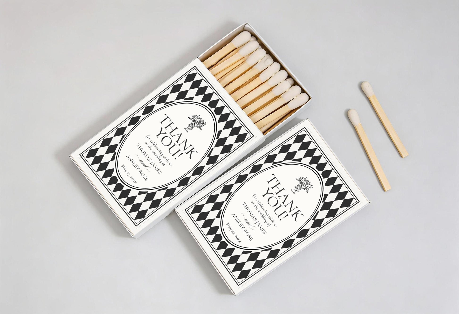 Black Harlequin Pattern Matchbox Cover Template, Old Money Bridal Shower, Checkered Old Money Black and White Wedding Reception WP1097