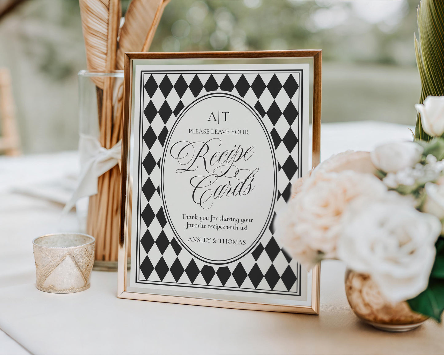 Black Harlequin Pattern Recipe Card Bridal Shower Template, Checkered Old Money Luxury Bridal Brunch WP1097