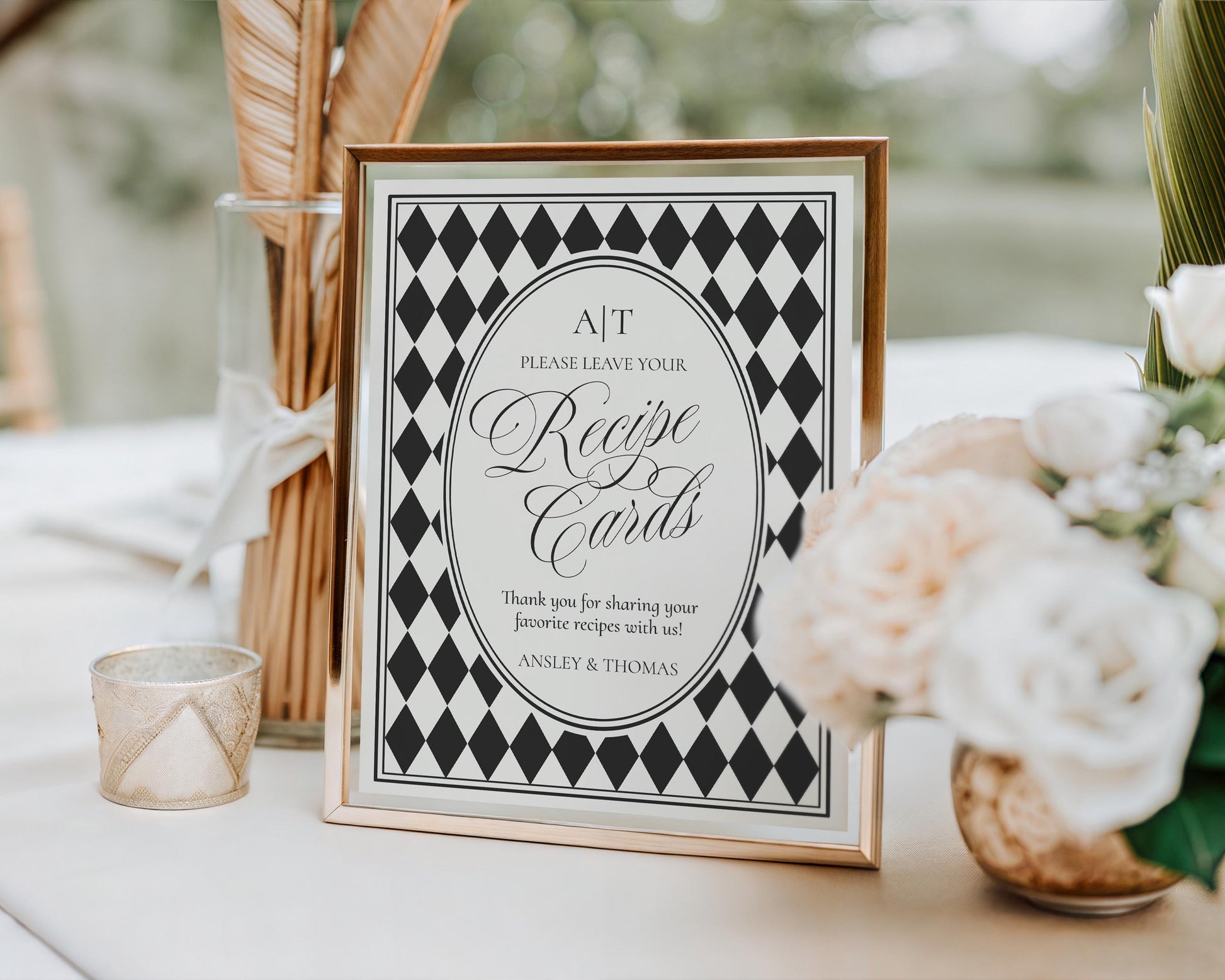 Black Harlequin Pattern Recipe Card Bridal Shower Template, Checkered Old Money Luxury Bridal Brunch WP1097