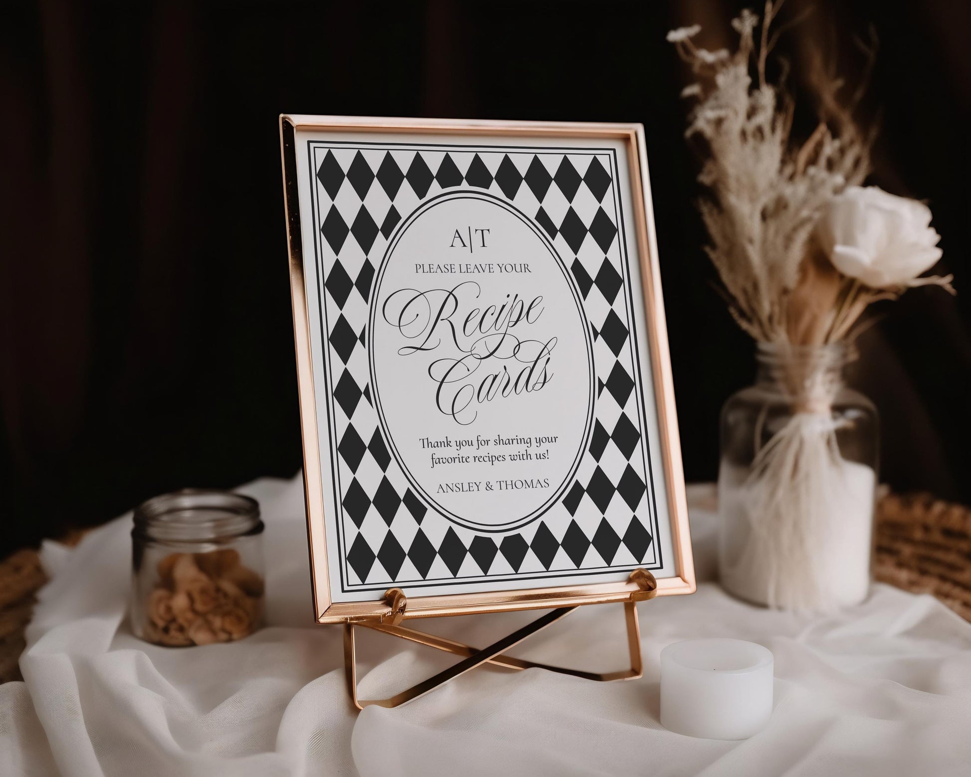 Black Harlequin Pattern Recipe Card Bridal Shower Template, Checkered Old Money Luxury Bridal Brunch WP1097