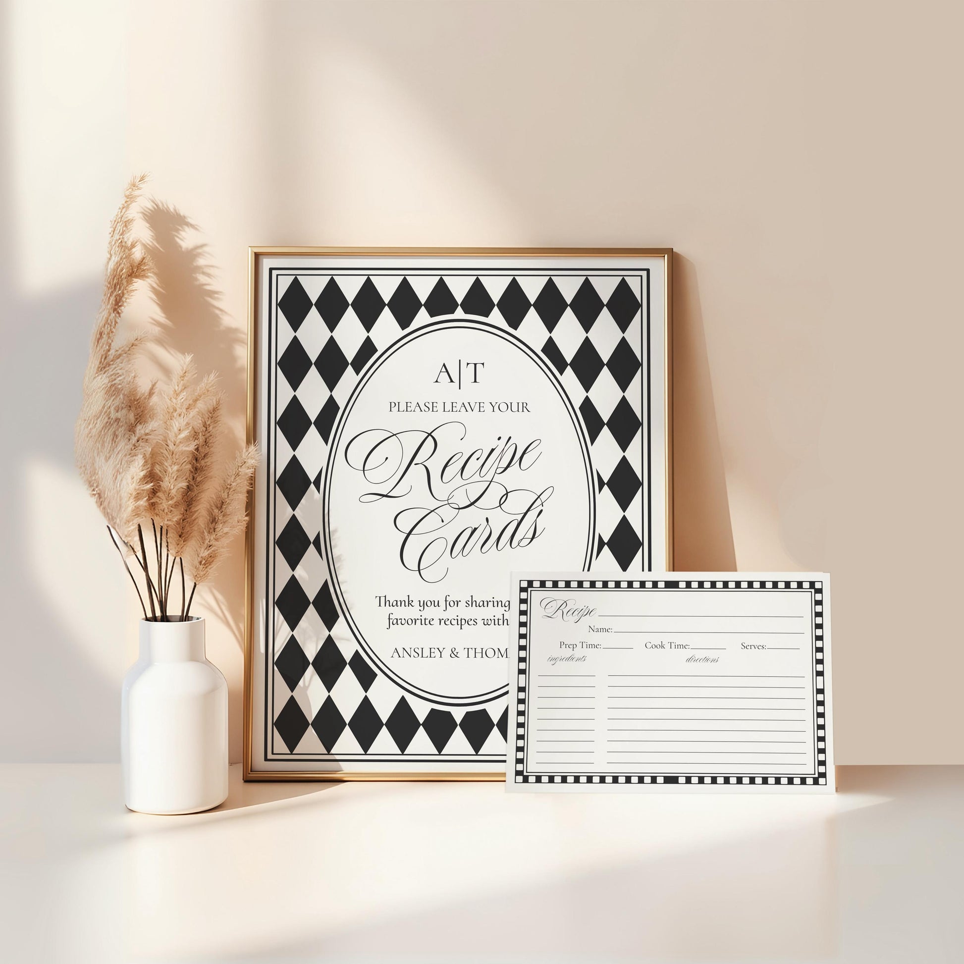 Black Harlequin Pattern Recipe Card Bridal Shower Template, Checkered Old Money Luxury Bridal Brunch WP1097
