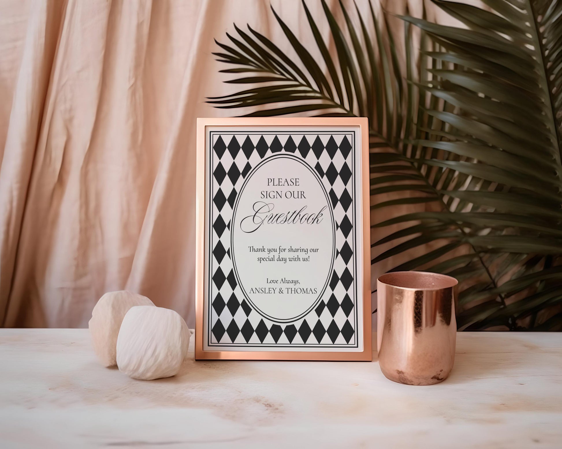 Black Harlequin Pattern Guestbook Sign Template, Checkered Old Money Luxury Ceremony Black and White Wedding Reception WP1097
