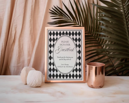Black Harlequin Pattern Guestbook Sign Template, Checkered Old Money Luxury Ceremony Black and White Wedding Reception WP1097
