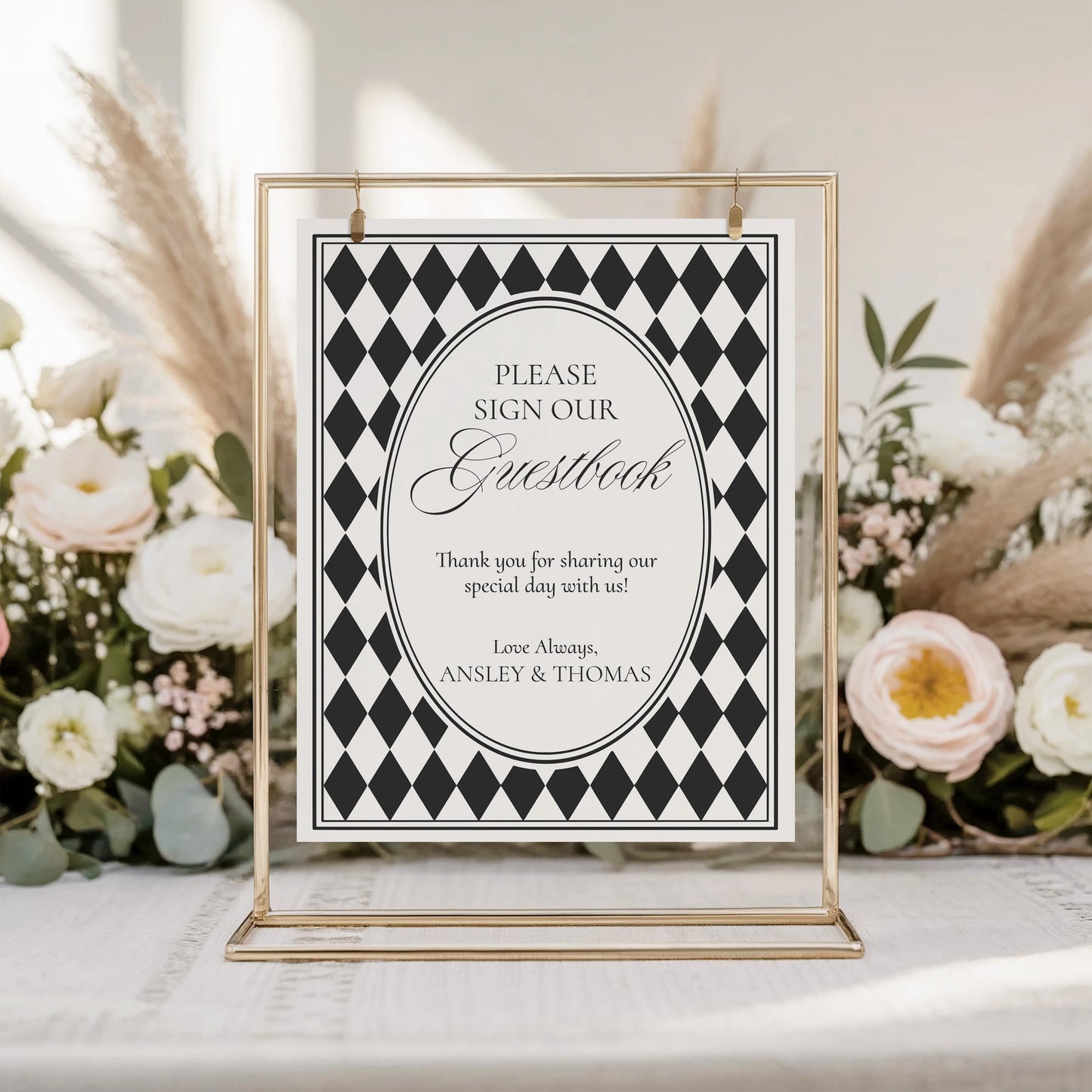 Black Harlequin Pattern Guestbook Sign Template, Checkered Old Money Luxury Ceremony Black and White Wedding Reception WP1097