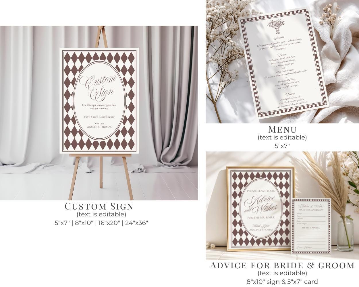 Brown Harlequin Pattern Bridal Shower Template Bundle, Checkered Old Money Luxury Bridal Brunch WP1098