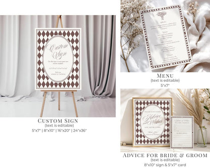Brown Harlequin Pattern Bridal Shower Template Bundle, Checkered Old Money Luxury Bridal Brunch WP1098