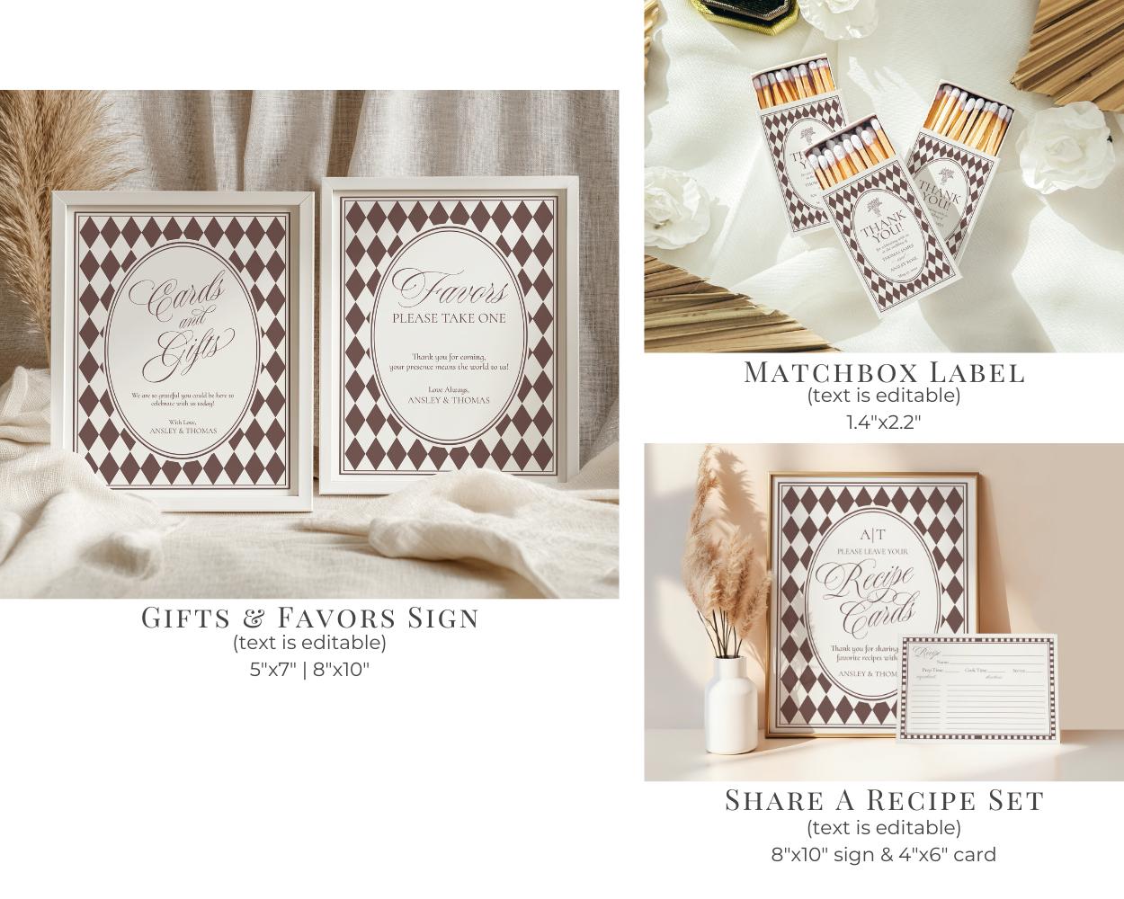 Brown Harlequin Pattern Bridal Shower Template Bundle, Checkered Old Money Luxury Bridal Brunch WP1098