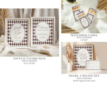 Brown Harlequin Pattern Bridal Shower Template Bundle, Checkered Old Money Luxury Bridal Brunch WP1098