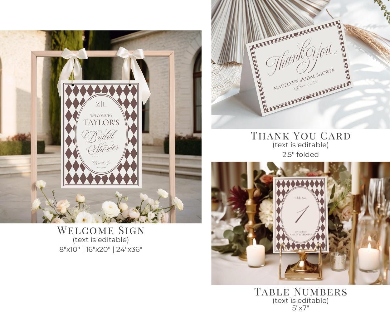 Brown Harlequin Pattern Bridal Shower Template Bundle, Checkered Old Money Luxury Bridal Brunch WP1098