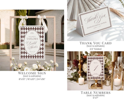 Brown Harlequin Pattern Bridal Shower Template Bundle, Checkered Old Money Luxury Bridal Brunch WP1098