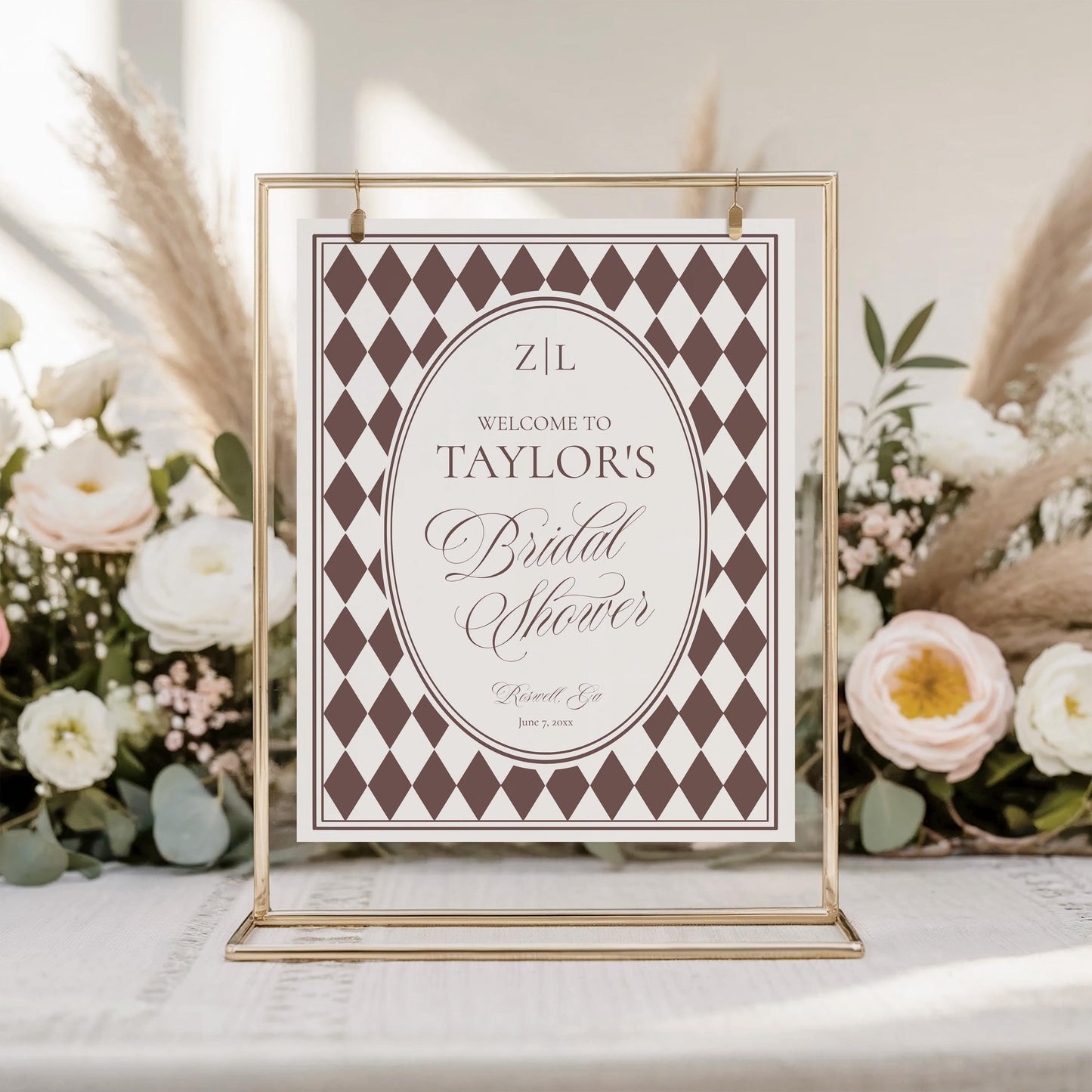 Brown Harlequin Pattern Bridal Shower Template Bundle, Checkered Old Money Luxury Bridal Brunch WP1098