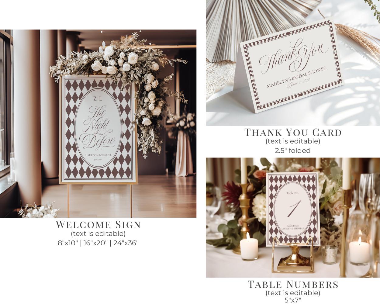 Brown Harlequin Pattern Rehearsal Dinner Template Bundle, Checkered Old Money Luxury Night Before Party WP1098