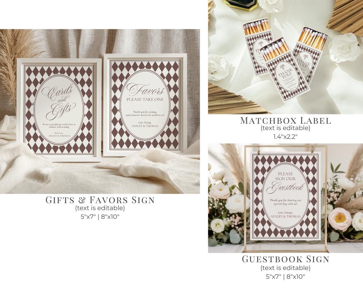 Brown Harlequin Pattern Rehearsal Dinner Template Bundle, Checkered Old Money Luxury Night Before Party WP1098
