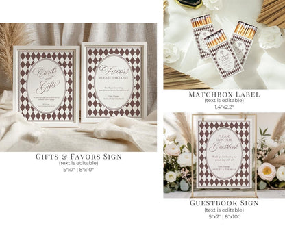 Brown Harlequin Pattern Rehearsal Dinner Template Bundle, Checkered Old Money Luxury Night Before Party WP1098