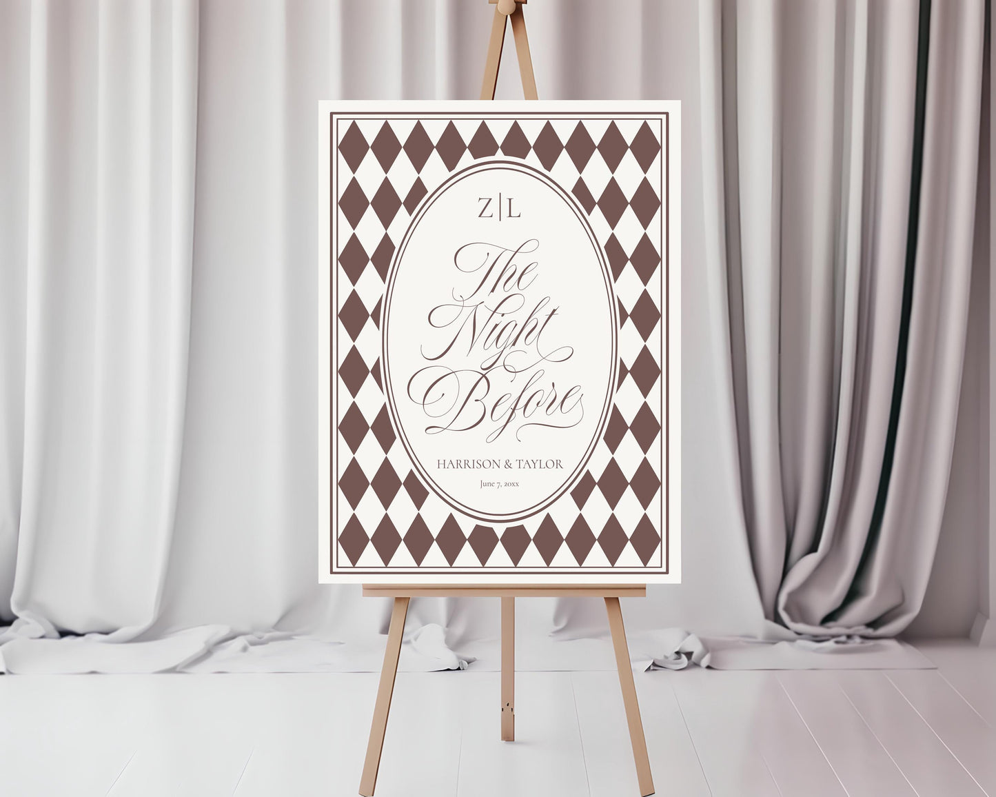 Brown Harlequin Pattern Rehearsal Dinner Template Bundle, Checkered Old Money Luxury Night Before Party WP1098