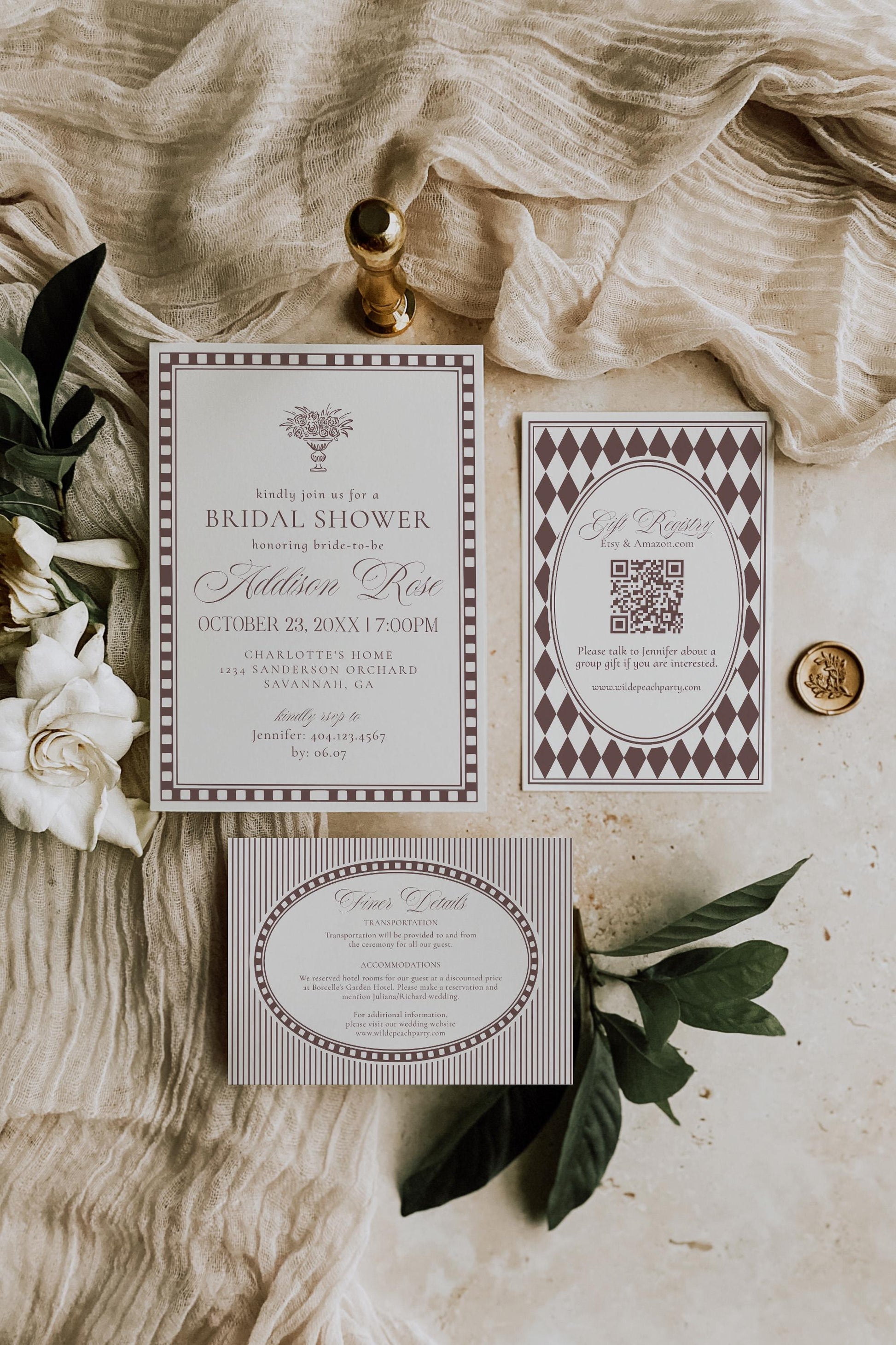 Brown Harlequin Pattern Bridal Shower Template Bundle, Checkered Old Money Luxury Bridal Brunch WP1098