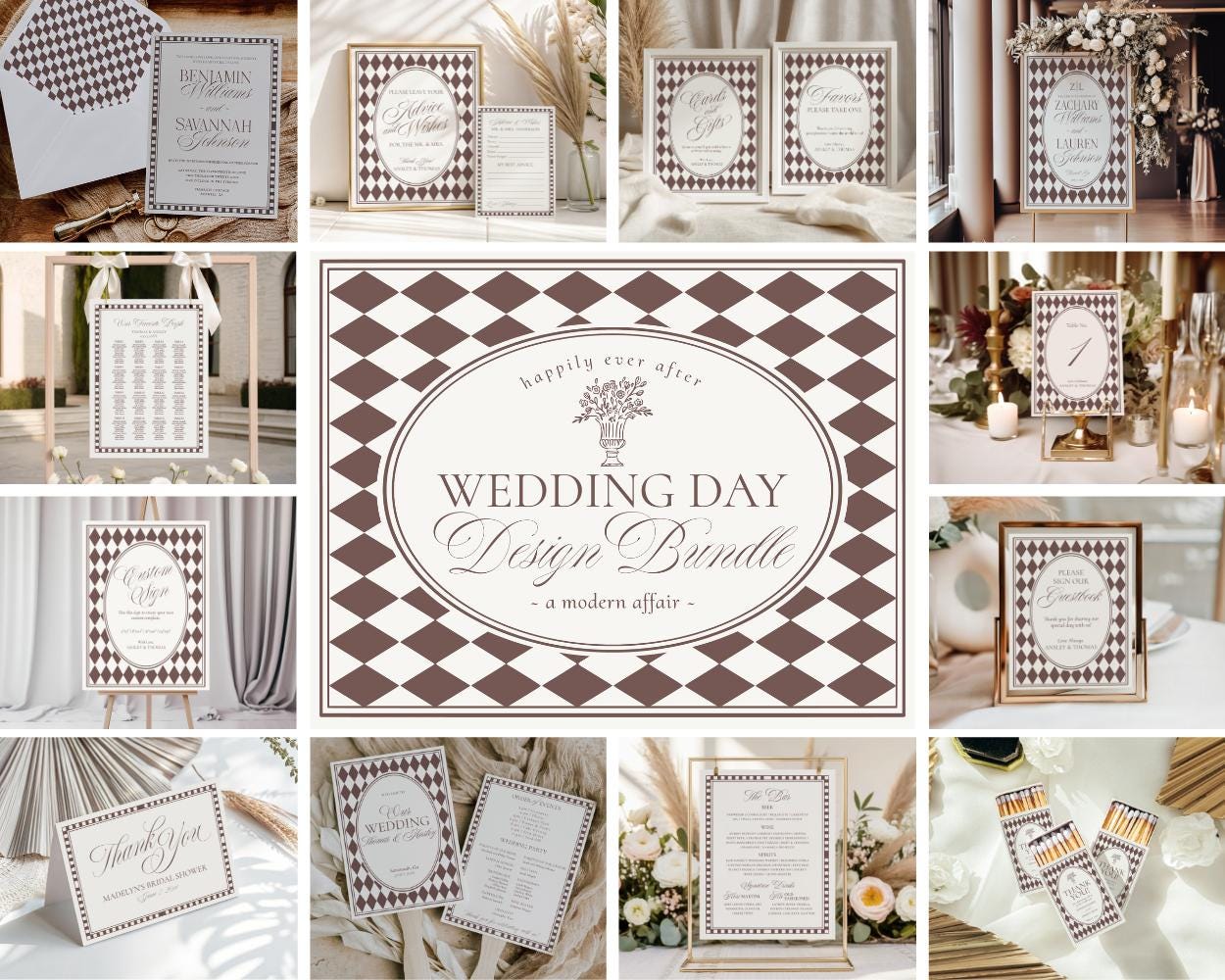 Brown Harlequin Pattern Wedding Template Bundle, Checkered Old Money Luxury Ceremony Black and White Wedding Reception WP1098