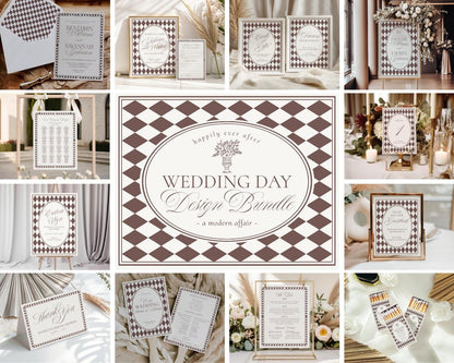 Brown Harlequin Pattern Wedding Template Bundle, Checkered Old Money Luxury Ceremony Black and White Wedding Reception WP1098
