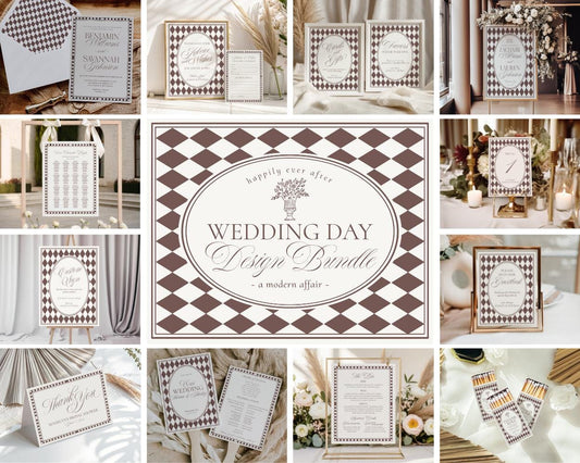 Brown Harlequin Pattern Wedding Template Bundle, Checkered Old Money Luxury Ceremony Black and White Wedding Reception WP1098