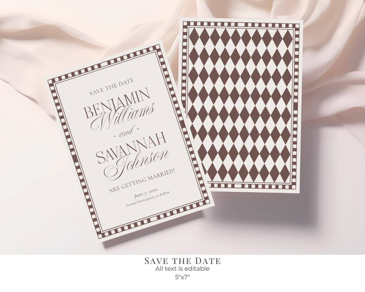 Brown Harlequin Pattern Wedding Template Bundle, Checkered Old Money Luxury Ceremony Black and White Wedding Reception WP1098