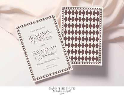 Brown Harlequin Pattern Wedding Template Bundle, Checkered Old Money Luxury Ceremony Black and White Wedding Reception WP1098
