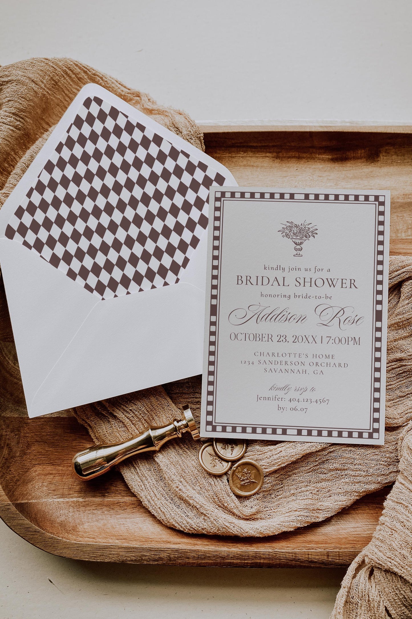 Brown Harlequin Pattern Bridal Shower Invitation Template, Checkered Old Money Luxury Bridal Brunch WP1098