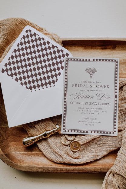 Brown Harlequin Pattern Bridal Shower Invitation Template, Checkered Old Money Luxury Bridal Brunch WP1098