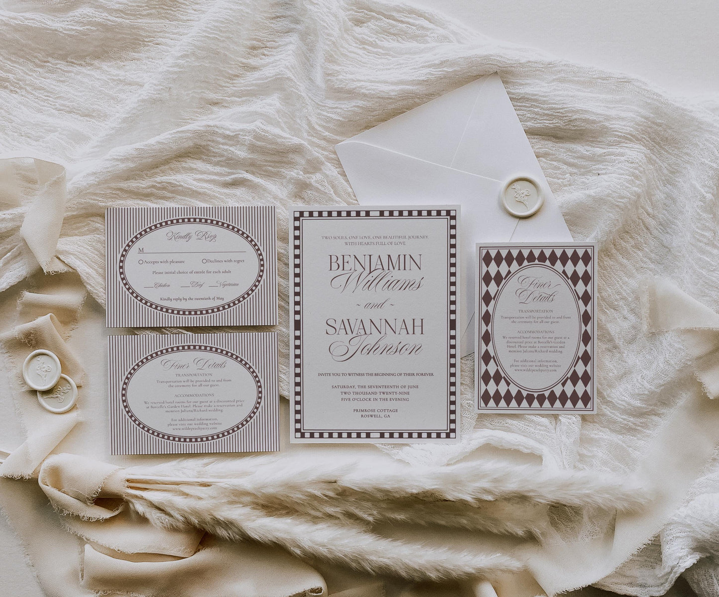 Brown Harlequin Pattern Wedding Invitation Template, Checkered Old Money Luxury Ceremony Black and White Wedding Reception WP1098