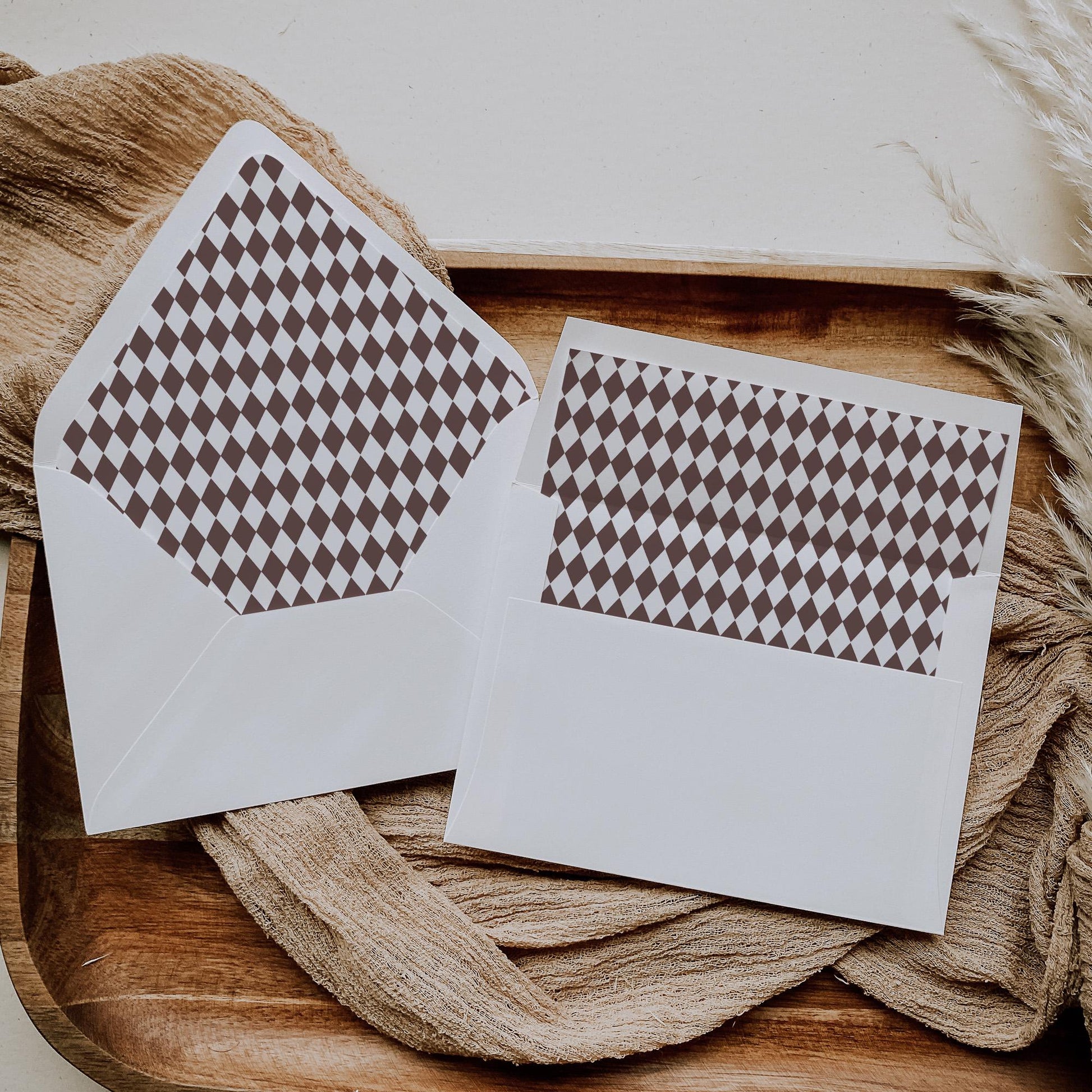 Brown Harlequin Pattern Envelope Liner Template, Checkered Old Money Luxury Invitation WP1098