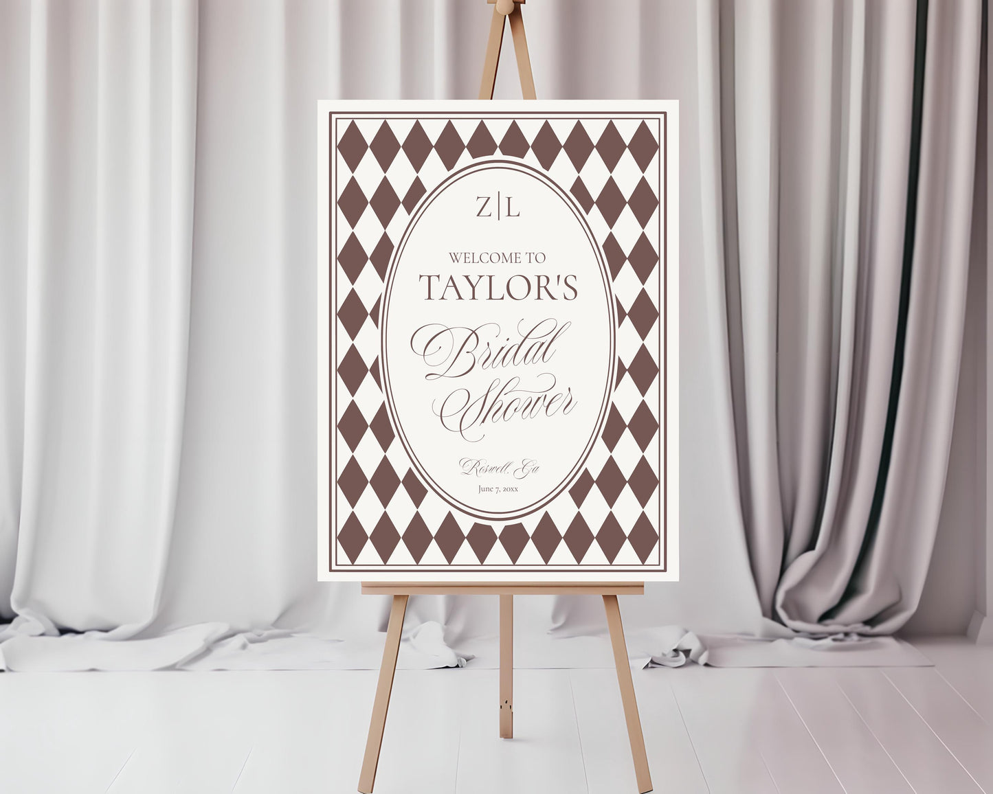 Brown Harlequin Pattern Bridal Shower Welcome Sign Template, Checkered Old Money Luxury Bridal Brunch WP1098