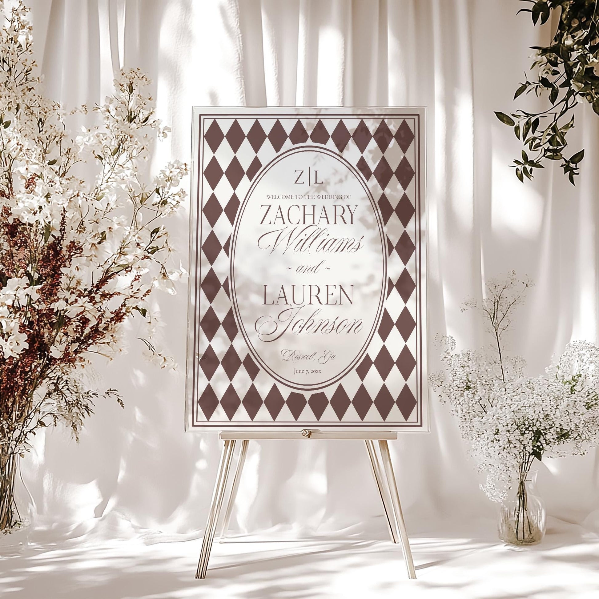 Brown Harlequin Pattern Wedding Welcome Sign Template, Checkered Old Money Luxury Ceremony Black and White Wedding Reception WP1098