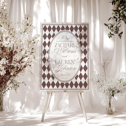 Brown Harlequin Pattern Wedding Welcome Sign Template, Checkered Old Money Luxury Ceremony Black and White Wedding Reception WP1098