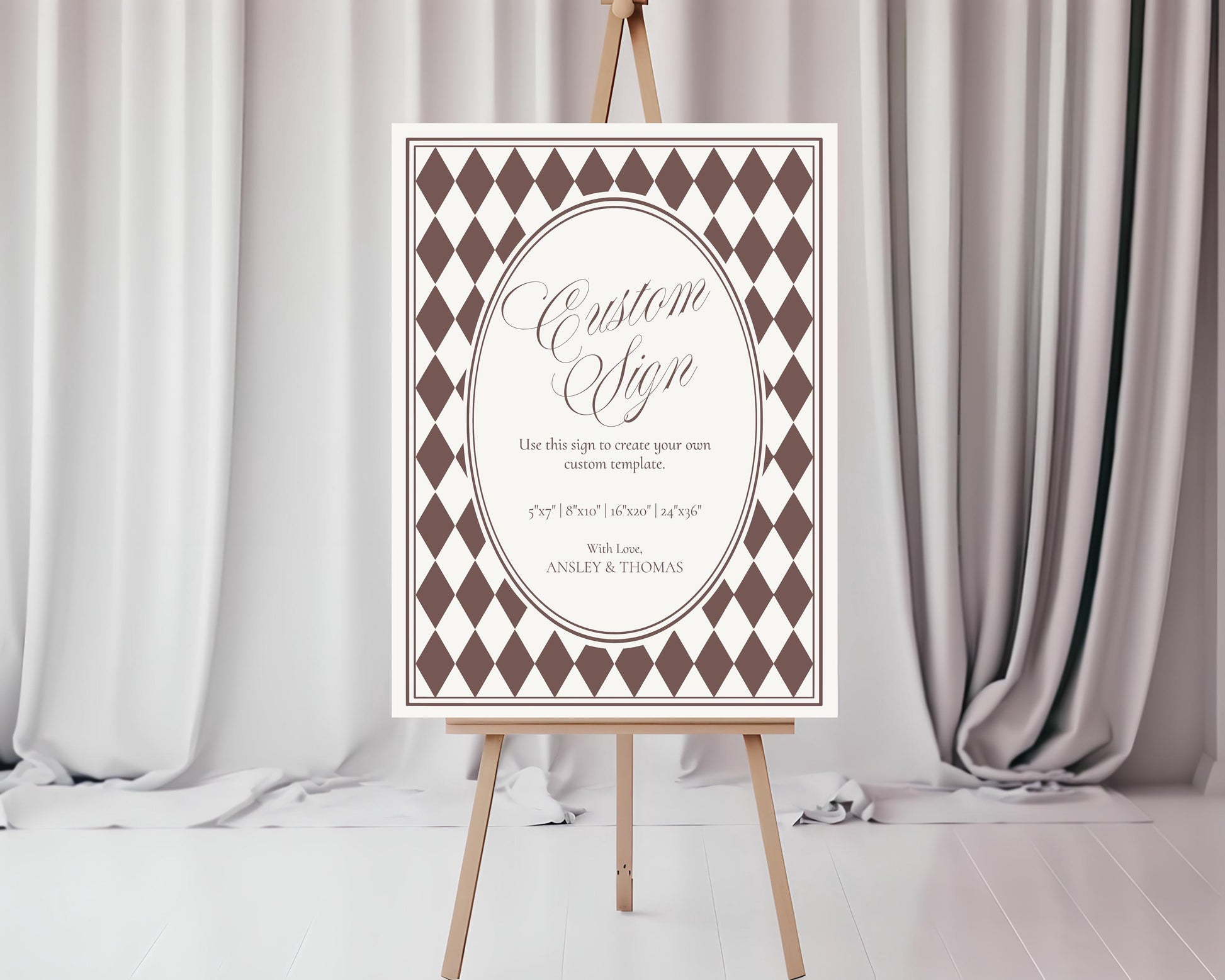 Brown Harlequin Pattern Custom Sign Template, Checkered Old Money Luxury Night Before Bridal Shower, Timeless Wedding Decor WP1098