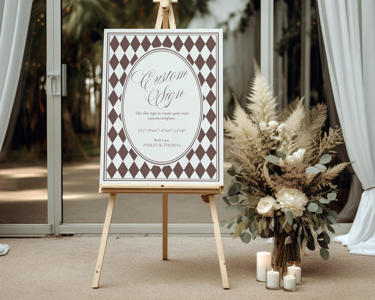 Brown Harlequin Pattern Custom Sign Template, Checkered Old Money Luxury Night Before Bridal Shower, Timeless Wedding Decor WP1098