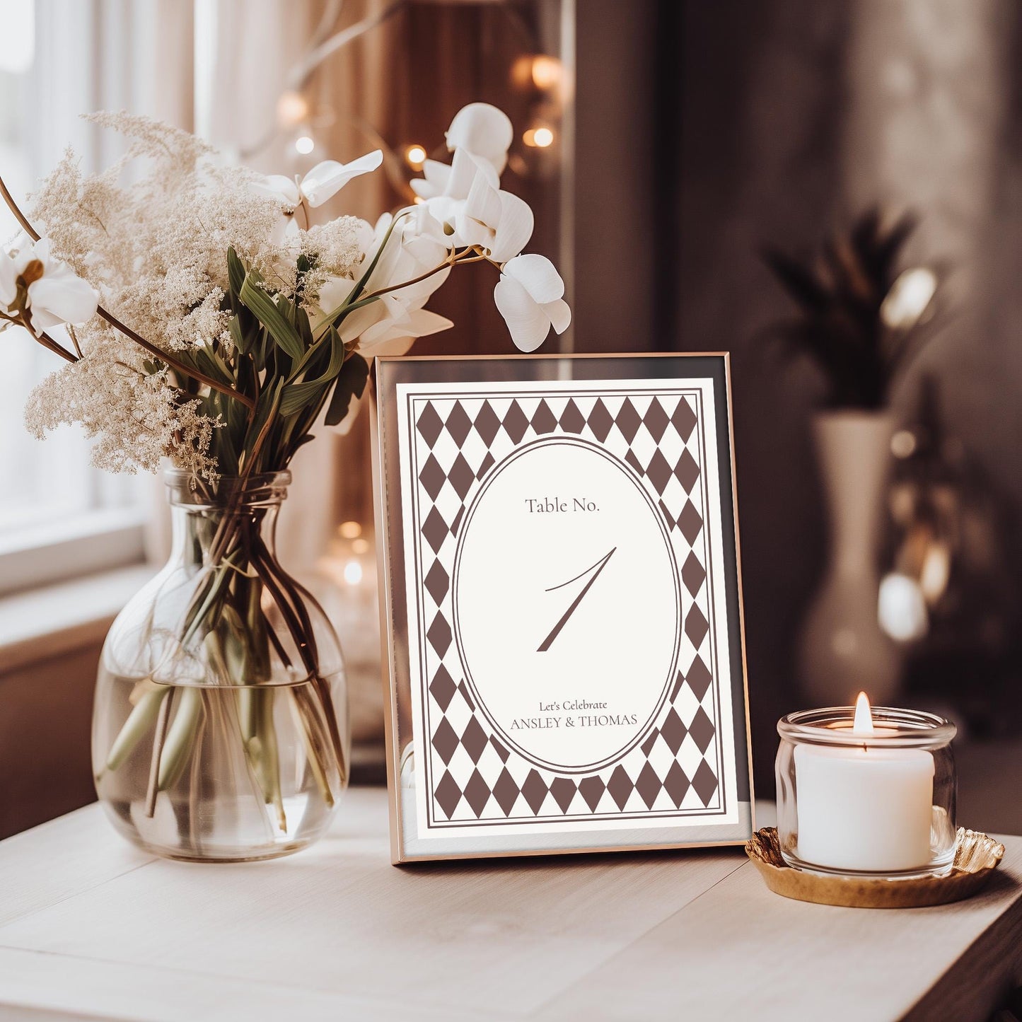 Brown Harlequin Pattern Table Numbers Template, Checkered Old Money Luxury Night Before Bridal Shower, Timeless Wedding Decor WP1098