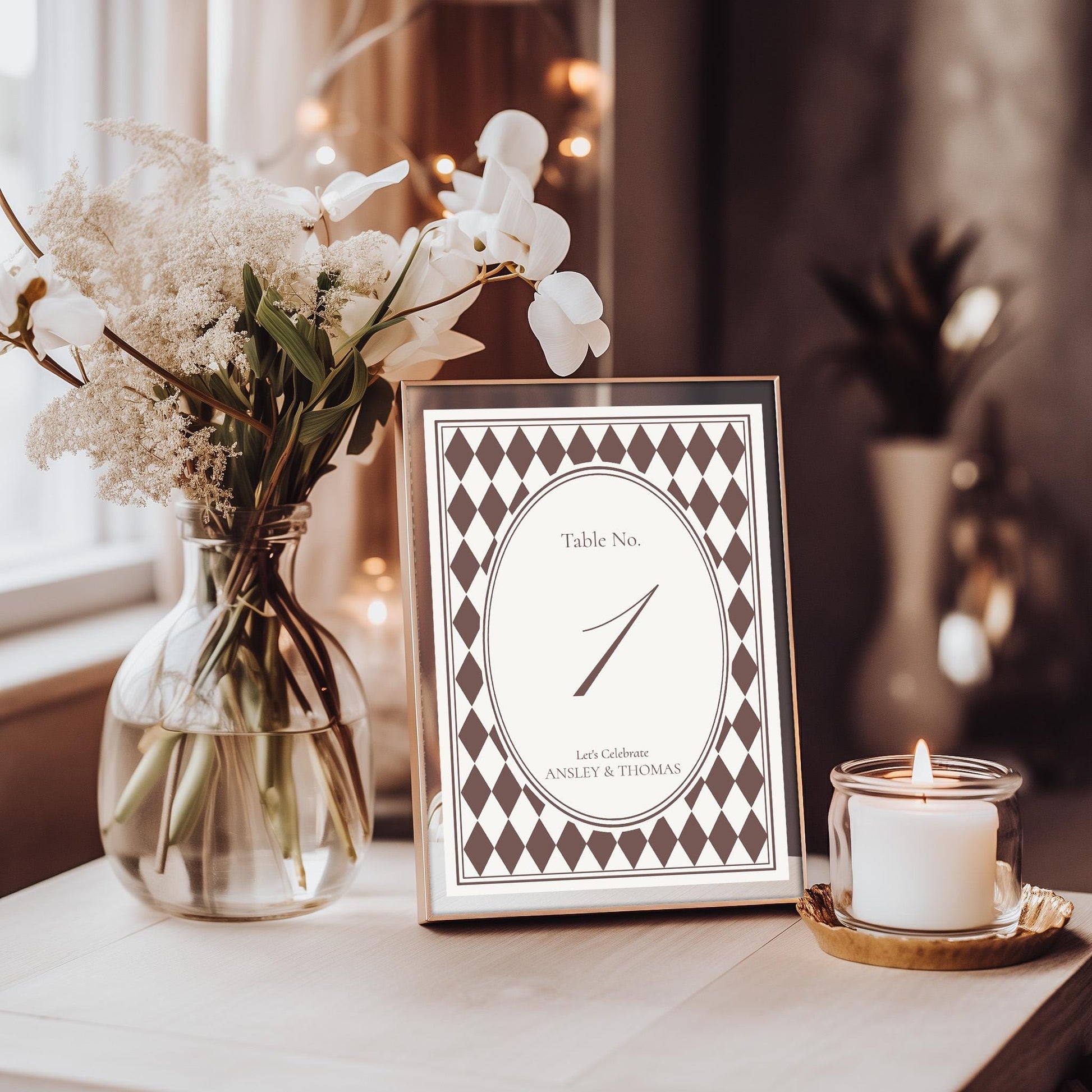 Brown Harlequin Pattern Table Numbers Template, Checkered Old Money Luxury Night Before Bridal Shower, Timeless Wedding Decor WP1098