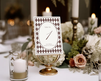 Brown Harlequin Pattern Table Numbers Template, Checkered Old Money Luxury Night Before Bridal Shower, Timeless Wedding Decor WP1098