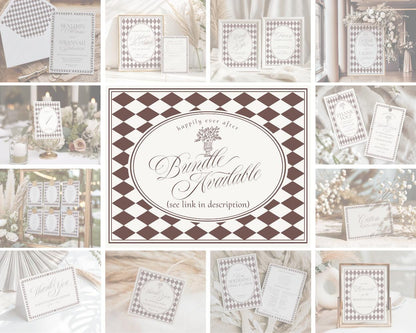 Brown Harlequin Pattern Place Cards Template, Checkered Old Money Luxury Ceremony Black and White Wedding Reception WP1098