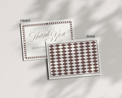 Brown Harlequin Pattern Thank You Card Template, Checkered Old Money Luxury Night Before Bridal Shower, Timeless Wedding Decor WP1098