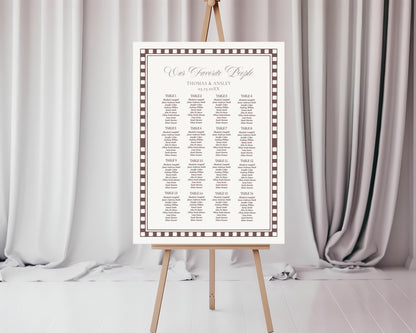 Brown Harlequin Pattern Seating Chart Cards Template, Checkered Old Money Luxury Night Before Bridal Shower, Timeless Wedding Decor WP1098